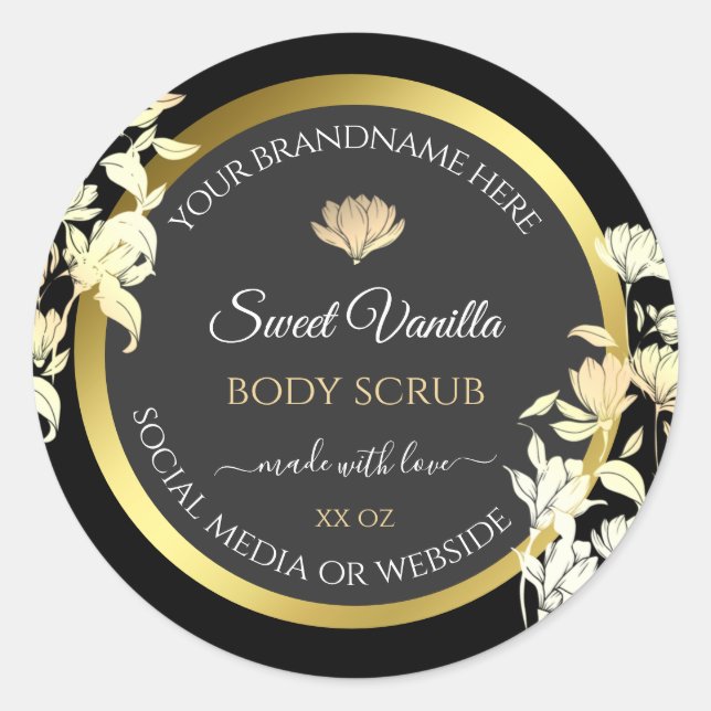 Elegant Floral Product Packaging Labels Black Gold (Front)