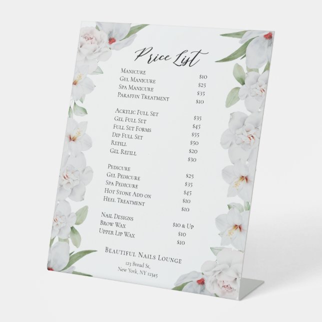 Elegant Floral Professional Nail Salon Price List Pedestal Sign (Front)