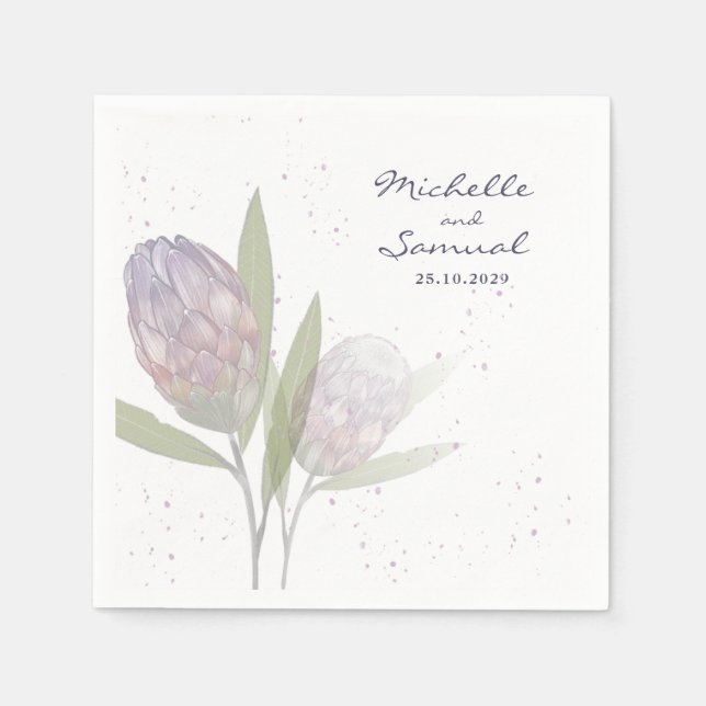 Elegant Floral Protea Purple Beige Wedding Napkins (Front)