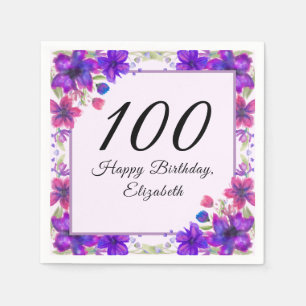 Elegant Floral Purple 100th Birthday Napkin