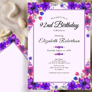 Elegant Floral Purple 92nd Birthday  Invitation