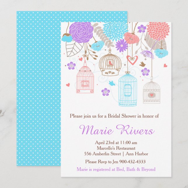 Elegant Floral Purple and Blue Bridal Shower Invitation (Front/Back)