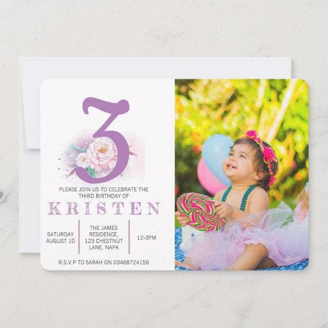 Elegant floral purple birthday party invitation (Front)