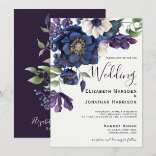Elegant Floral Purple Navy Watercolor  Invitation