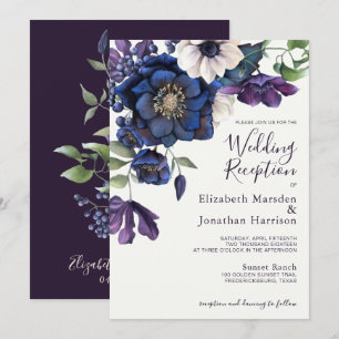 Elegant Floral Purple Navy Wedding Reception Invitation