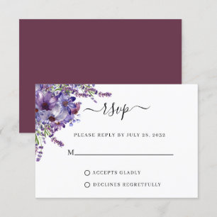 Elegant Floral Purple Plum Peonies Wedding RSVP Card