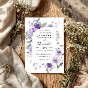 Elegant Floral Purple Rustic QR Code Wedding Invitation