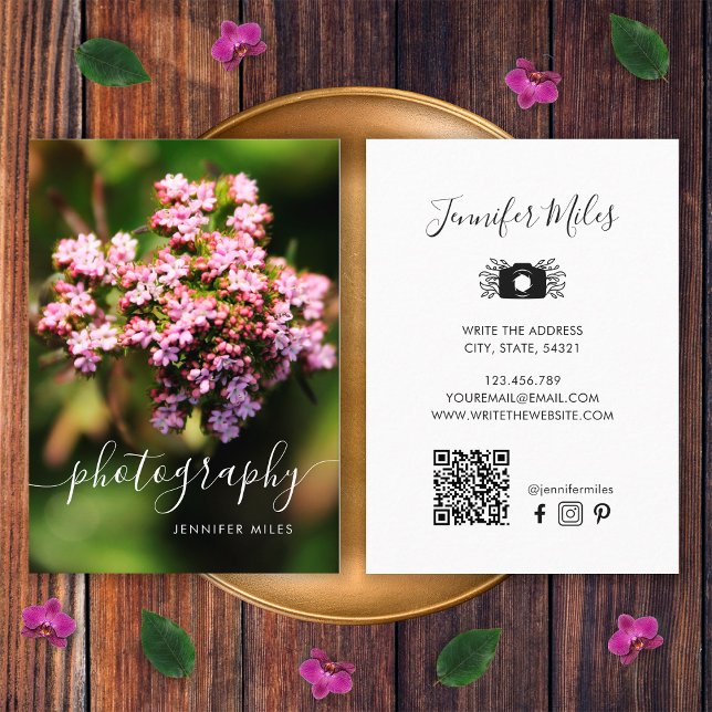 Elegant Floral QR Code Minimalist Photography  Business Card (Front and Back)