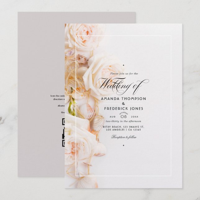 Elegant Floral QR Code RSVP Beach Wedding Invitation (Front/Back)