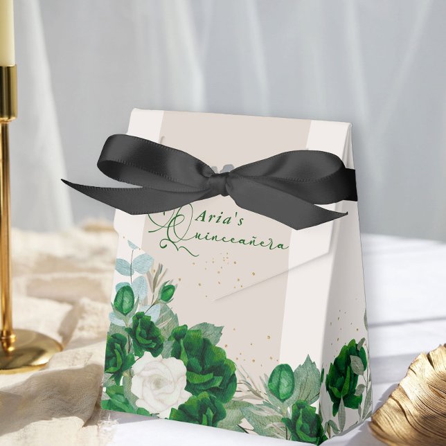 Elegant Floral Quinceanera Emerald Green Roses Favor Box (Floral Favor Boxes from the Royal Rose Emerald Green Quinceanera Collection by Darling & May)