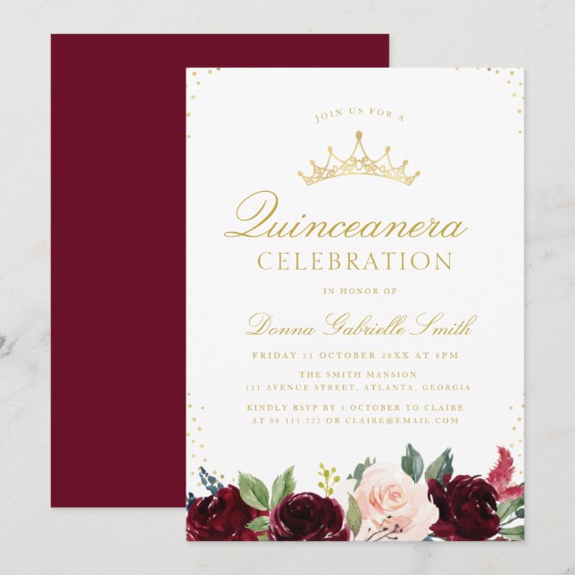 elegant floral Quinceanera invitation (Front/Back)