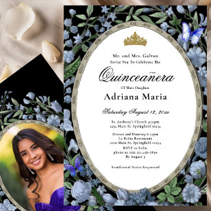 Elegant Floral Quinceanera Invitation Blue Flowers