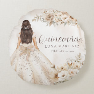 Elegant Floral Quinceañera Watercolor Ballgown Round Pillow