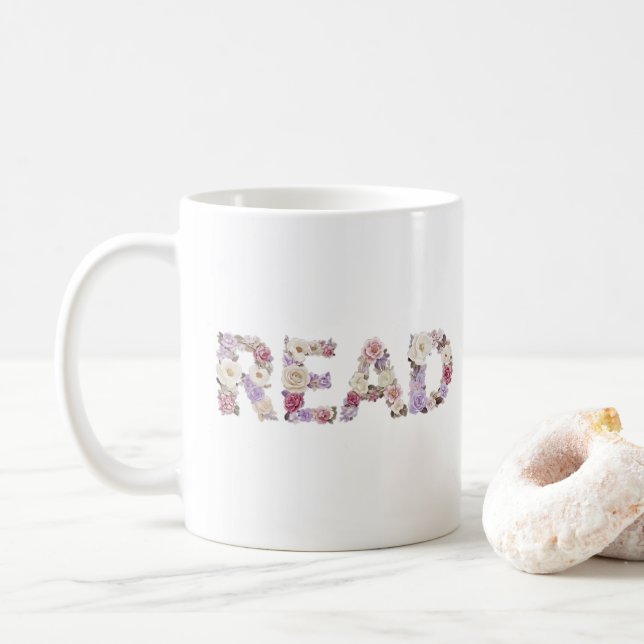 Elegant Floral READ Typography - Pastel Botanical  Coffee Mug (With Donut)