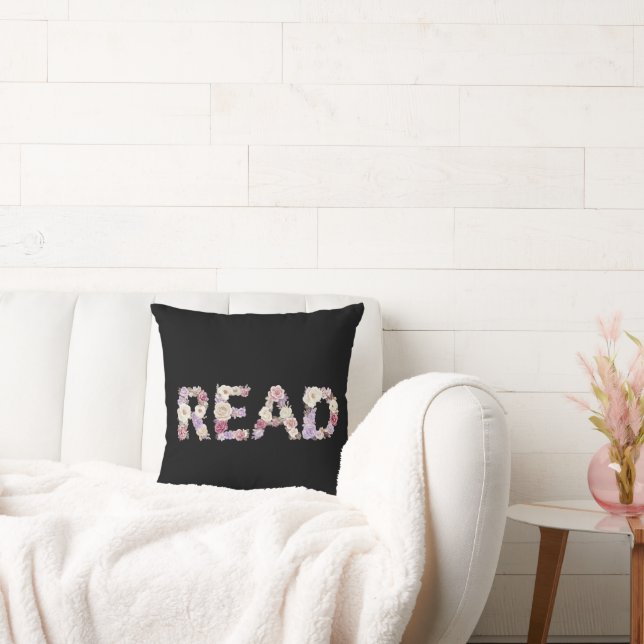 Elegant Floral READ Typography - Pastel Botanical  Throw Pillow (Couch)
