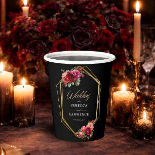 Elegant floral red black moody Romantic wedding Paper Cups