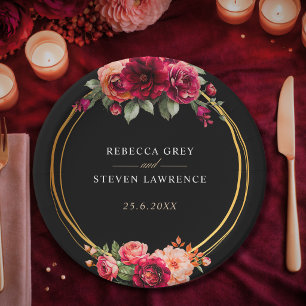 Elegant floral red black moody Romantic wedding Paper Plate