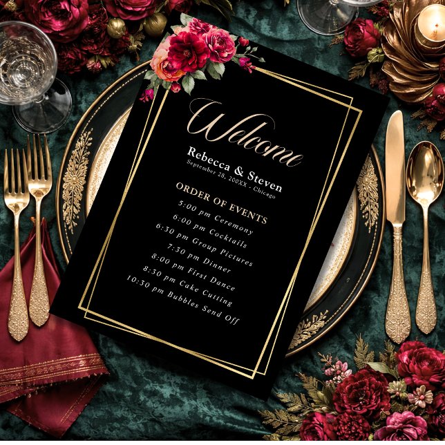 Elegant floral red black moody Romantic wedding Program (Creator Uploaded)