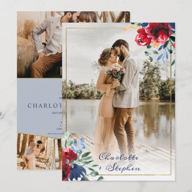 Elegant floral red blue script 5 photos wedding invitation (Front/Back)
