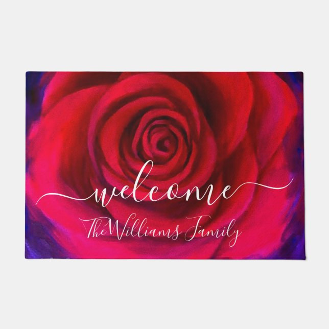 Elegant Floral Red Blush Pink Rose Name Welcome Doormat (Front)