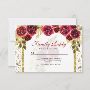 Elegant Floral Red Gold Arch Quinceañera RSVP Card