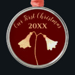 Elegant Floral Red Gold Romantic First Christmas Metal Ornament<br><div class="desc">This elegant and stylish red and gold flower ornament is a classy and romantic memorial to your first Christmas spent together as a couple or married. The twin flower always grows with two blossoms on one stem, inseparable, just like you. Easily personalize this ornament on the panel to the right....</div>