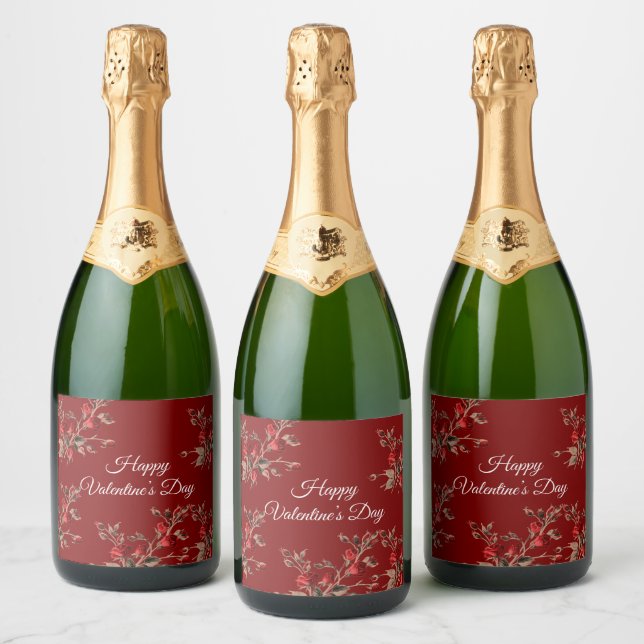 Elegant Floral Red Happy Valentine’s Day  Sparkling Wine Label (Bottles)