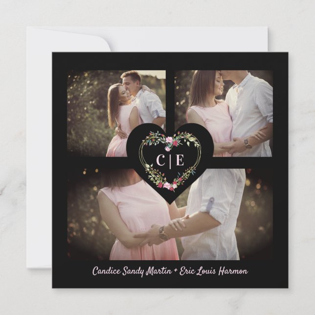 Elegant Floral Red Heart 3 Photos Instant Engaged Save The Date (Front)