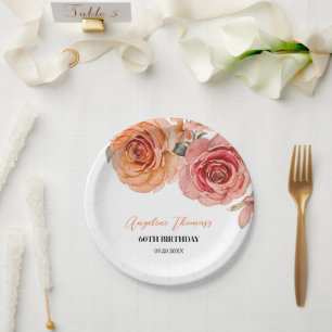 Elegant Floral Red Orange Rose Birthday Paper Plate
