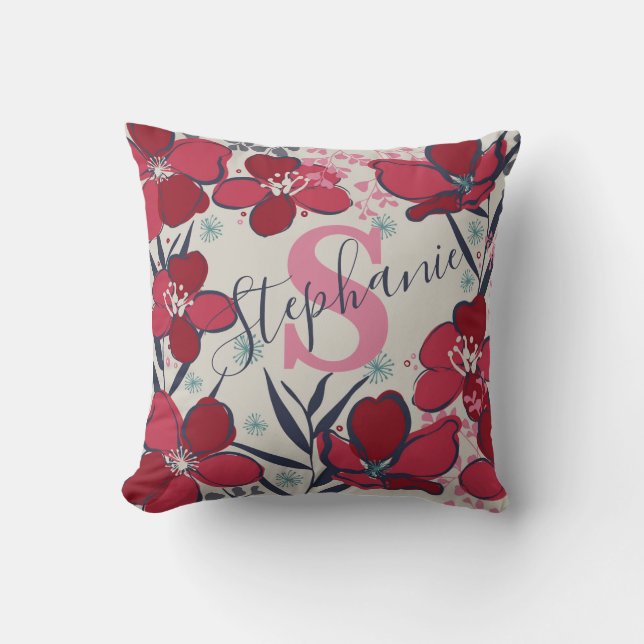 Elegant floral red,Pink and beige Monogram Throw Pillow (Front)