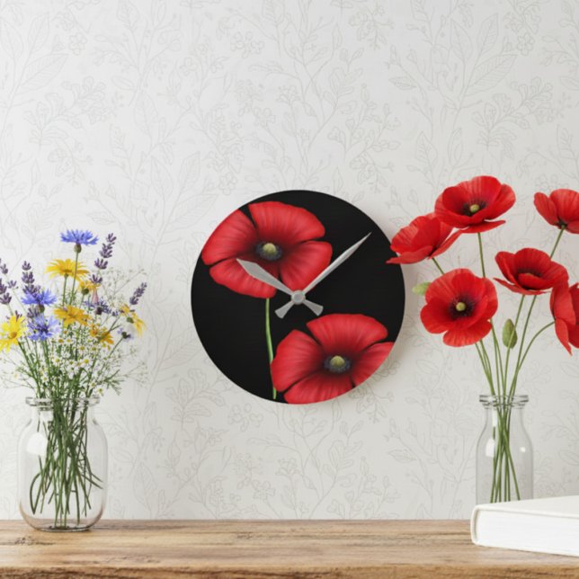 Elegant Floral Red Poppy Flowers Black Clock (Pretty poppies make a pretty poppy clock. Pop it on your wall today!)