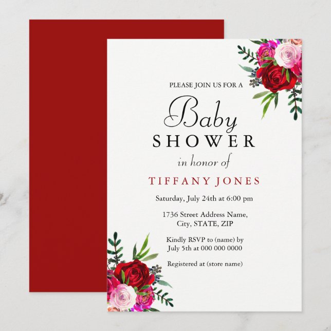 Elegant Floral Red Rose Baby Shower Invitation (Front/Back)