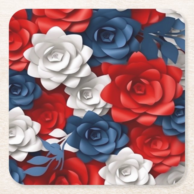 Elegant Floral Red White Blue Flower Garden Design Square Paper Coaster (Front)