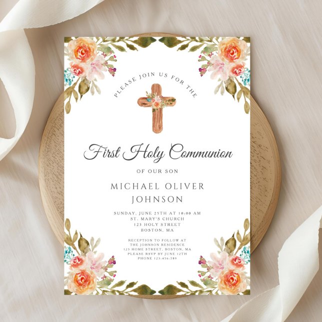 Elegant Floral Religious Cross First Communion  Invitation (Elegant Floral Religious Cross First Communion Invitation)