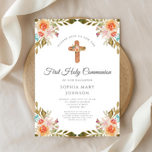 Elegant Floral Religious Cross First Communion  Invitation