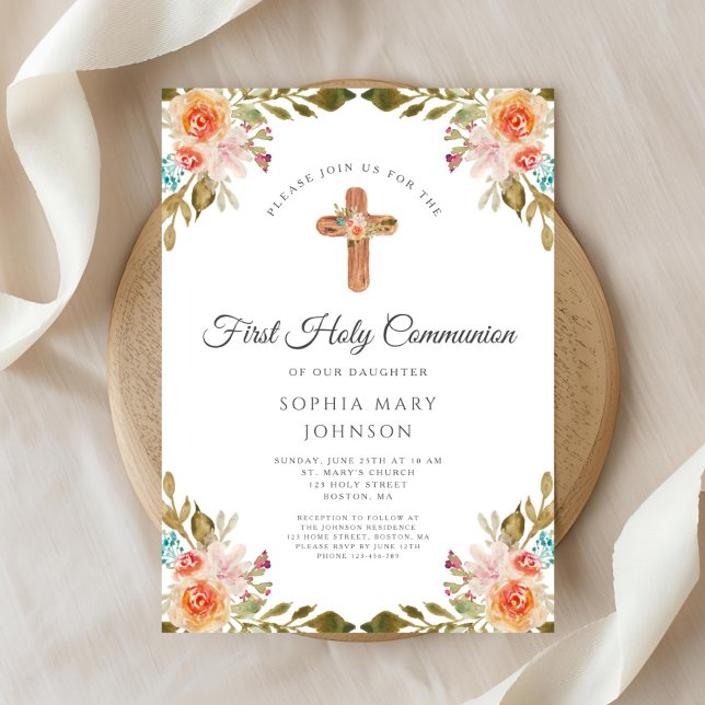 Elegant Floral Religious Cross First Communion  Invitation (Elegant Floral Religious Cross First Communion Invitation)
