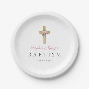 Elegant Floral Religious Cross Girl Baptism Paper Plate