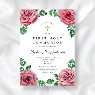 Elegant Floral Religious Girl First Communion Invitation
