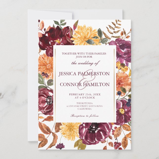 Elegant Floral Romantic Rustic Burgundy Wedding Invitation (Front)