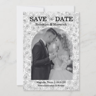 Elegant Floral Rose Black White Wedding Save The Date