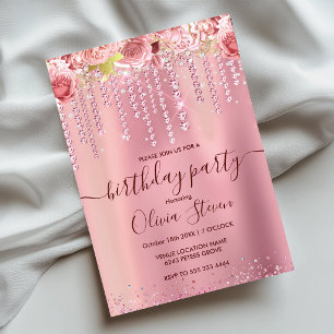 Elegant floral rose gold dripping glitter any age  invitation