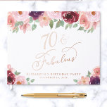Elegant Floral Rose Gold Foil 70th Birthday Party Guest Book<br><div class="desc">Elegant guest book for her 70th birthday party featuring rose gold foil,  "70 & Fabulous" in a chic calligraphy script and watercolor bouquets of burgundy red and blush pink florals with sage greenery. Customize with her name,  the party date and a title on the spine.</div>