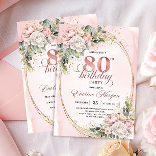 Elegant Floral Rose Gold Greenery 80th Birthday Invitation