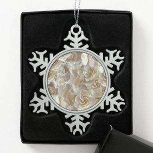 Elegant Floral Rose Petal Pattern Snowflake Pewter Christmas Ornament