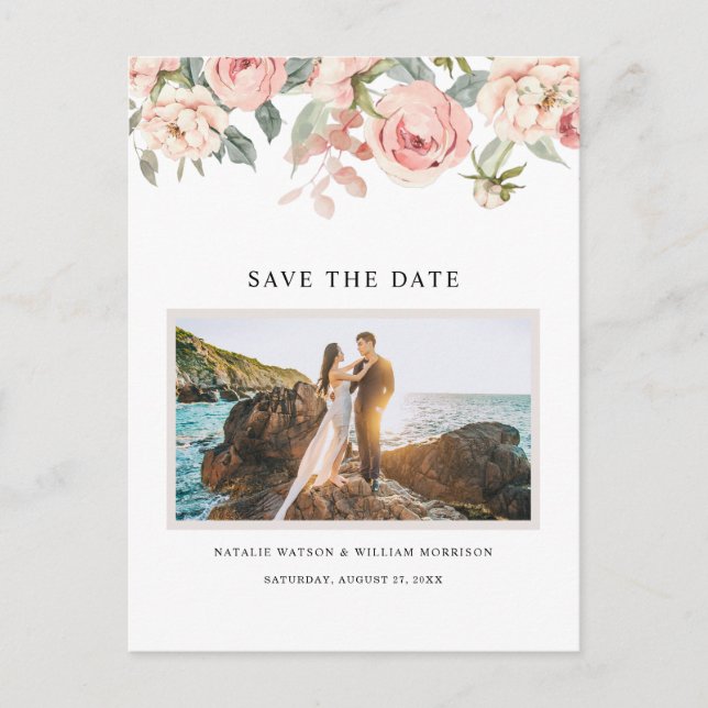 Elegant Floral Rose Pink Save the Date Postcard (Front)