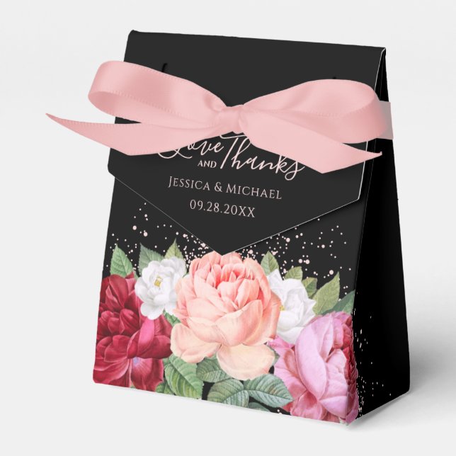 Elegant Floral Roses Black Calligraphy Wedding Favor Box (Front Side)