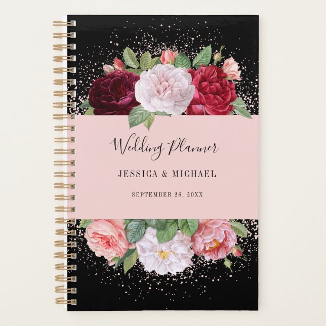 Elegant Floral Roses Black Pink Wedding Planner (Front)