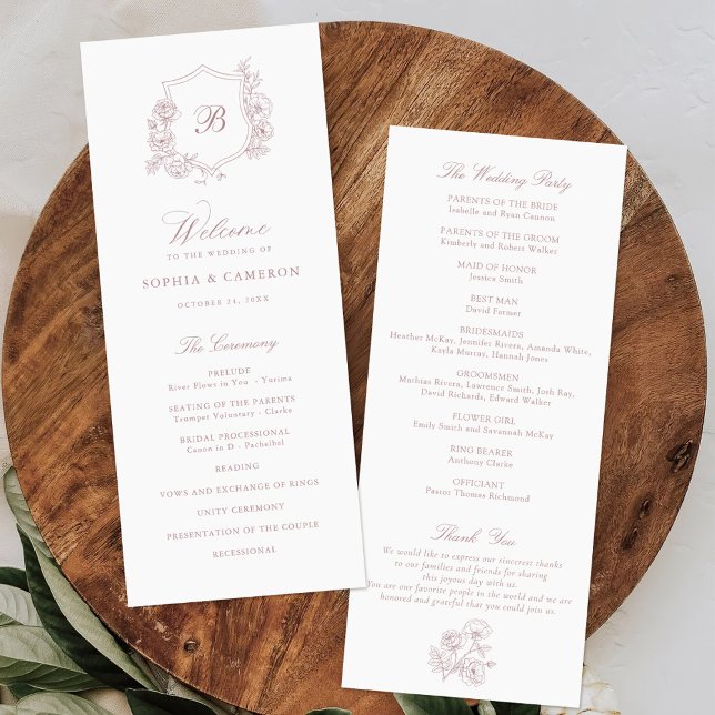 Elegant Floral Roses Crest Monogram Wedding Program (Creator Uploaded)
