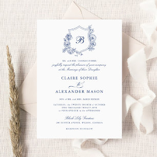 Elegant Floral Roses Crest Wedding Monogram Royal Invitation