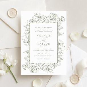 Elegant Floral Roses Frame Sage Green Wedding Invitation